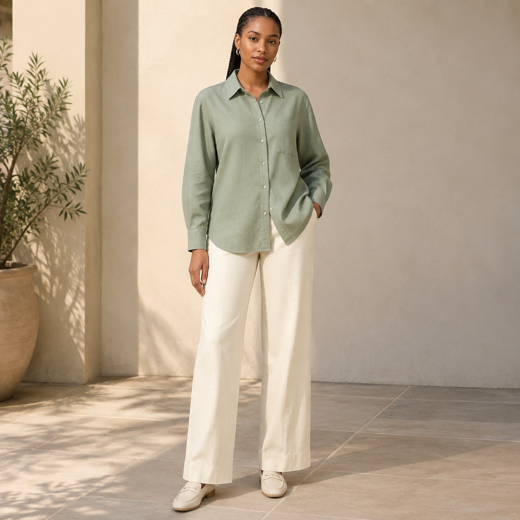 A Female Dress design, with modest, full coverage: longer hemlines, higher necklines and covered shoulders, suitable for Spring. A modern casual outfit, a relaxed fit cotton shirt in soft sage green, paired with straight leg cream trousers, minimal clean lines, subtle stitching detail, everyday wearable style, natural lighting, front view.. South Africa fashion aesthetics. Present it as professional fashion catalogue photography: the garment is the subject, shown full-length with editorial styling, neutral posing and tasteful, non-suggestive framing.
photorealistic fashion design, A Female Dress design, with modest, full coverage: longer hemlines, higher necklines and covered shoulders, suitable for Spring. A modern casual outfit, a relaxed fit cotton shirt in soft sage green, paired with straight leg cream trousers, minimal clean lines, subtle stitching detail, everyday wearable style, natural lighting, front view.. South Africa fashion aesthetics. Present it as professional fashion catalogue photography: the garment is the subject, shown full-length with editorial styling, neutral posing and tasteful, non-suggestive framing., just the design no text