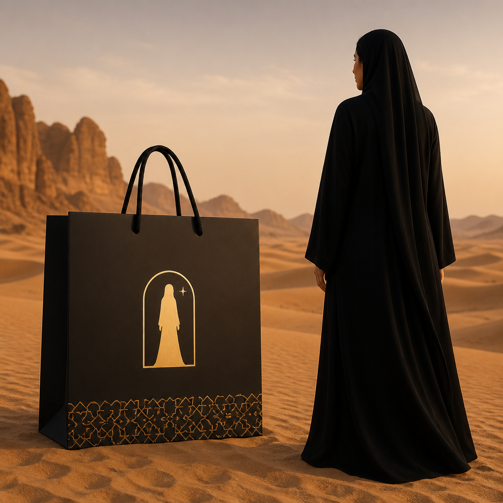 Create the same luxurious shopping bag design described above, without changing anything about the bag design. Keep the same colors, layout, desert background, typography, logo placement, matte finish, and overall style.
The ONLY change: the woman must be wearing a plain black flowing abaya, exactly like the abaya in the original logo, with NO belt, NO waist strap, and NO accessories. Do not change the abaya style or silhouette. Keep everything else exactly the same.
photorealistic fashion design, Create the same luxurious shopping bag design described above, without changing anything about the bag design. Keep the same colors, layout, desert background, typography, logo placement, matte finish, and overall style.
The ONLY change: the woman must be wearing a plain black flowing abaya, exactly like the abaya in the original logo, with NO belt, NO waist strap, and NO accessories. Do not change the abaya style or silhouette. Keep everything else exactly the same., just the design no text