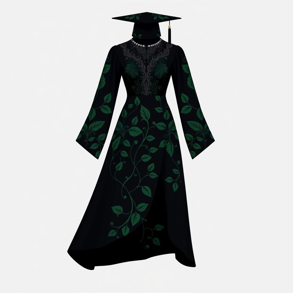 A black graduation gown with dark green designs on it
Design a striking black graduation gown featuring intricate dark green botanical motifs that intertwine across the fabric, symbolizing growth and achievement. The gown flows elegantly to the floor, with an asymmetrical hemline and a fitted bodice adorned with delicate lace. Complement with a matching cap, presenting a harmonious blend of nature and celebration.
