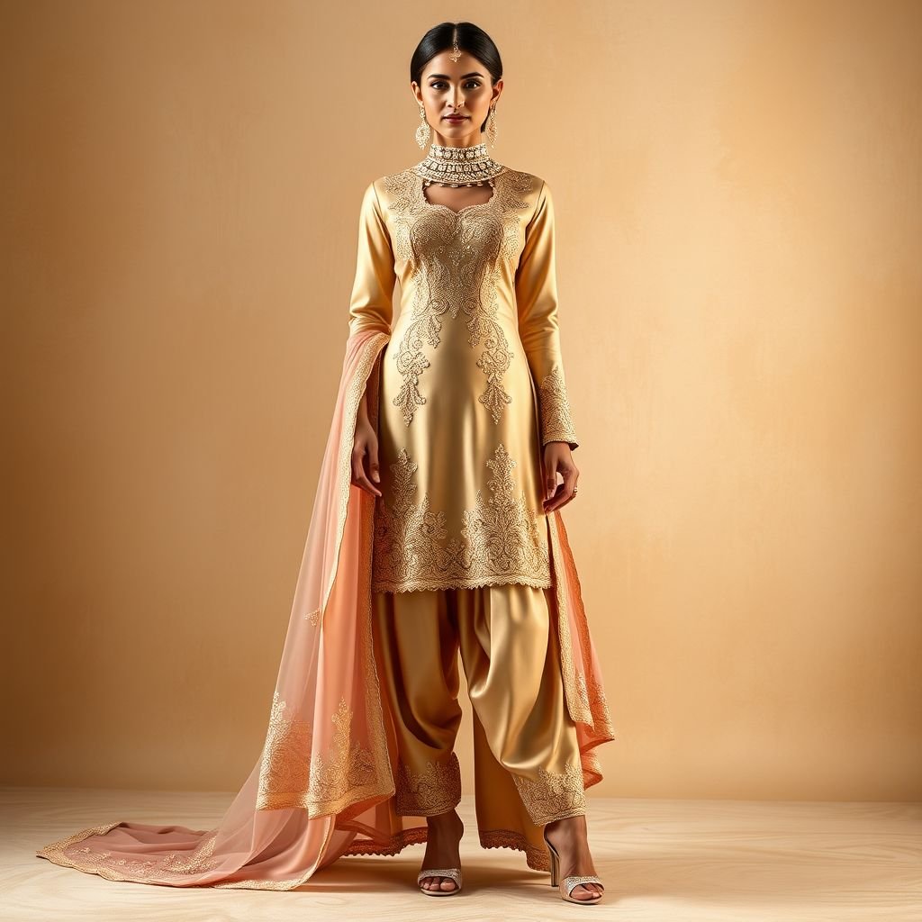 Shalwar kameez
Imagine an elegant shalwar kameez crafted from luxurious silk, adorned with intricate gold embroidery and delicate lace trims. The kameez features a tailored silhouette, cinched at the waist, while the flowing shalwar drapes gracefully with a slight flare. Complete the look with embellished heels and statement earrings for a sophisticated formal ensemble.