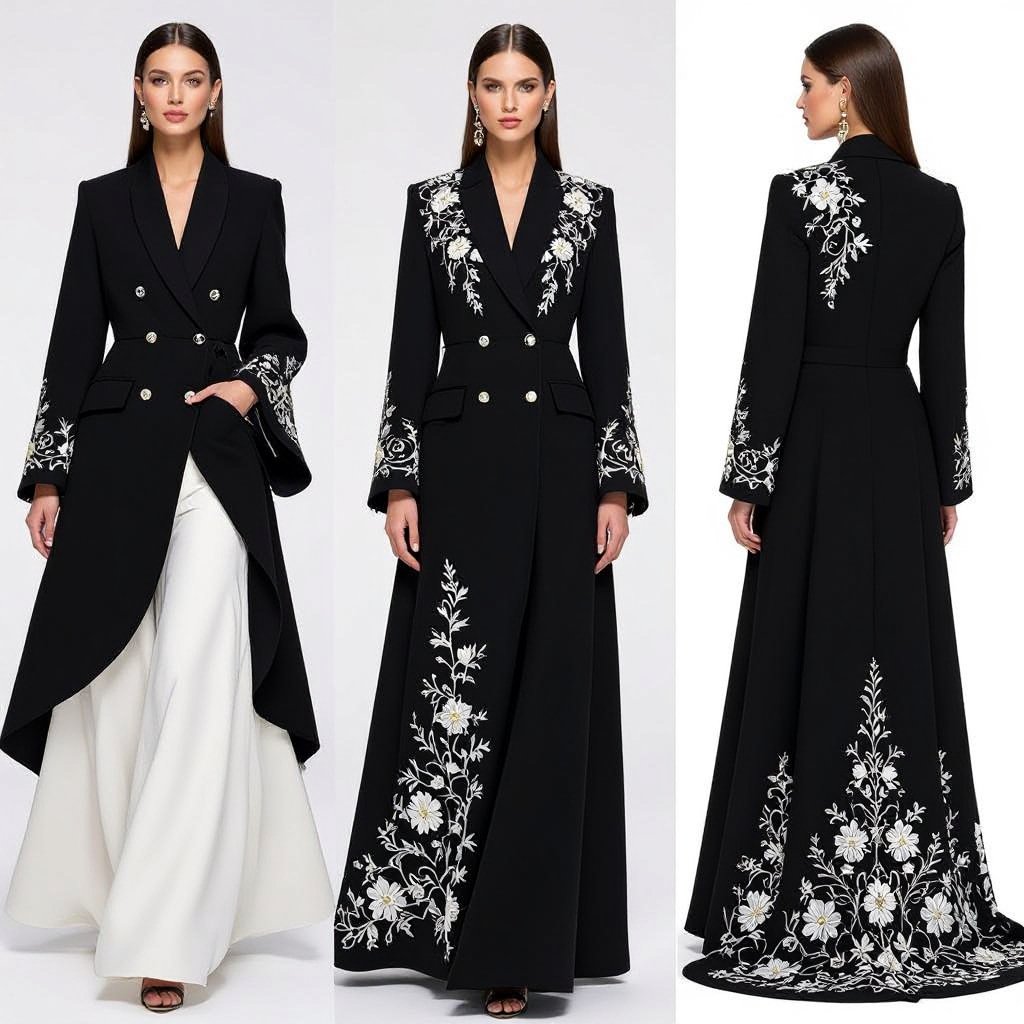 Abaya Blazer Design – Embroidered Black Edition • Outer Fabric: • Crepe Marocain or Wool-Silk Blend Crepe in luxurious black. • Matte, refined, and structured fabric that highlights the cut and embroidery with precision. • Inner Lining: • Bemberg Rayon or Silk Satin in black or dark grey for comfort and a smooth finish. • Key Details: • Straight A-Line cut tailored to ankle length, balancing formality and elegance. • Classic blazer lapel with clean, sharp lines. • Double-breasted closure with fabric-covered buttons to maintain a sleek, formal aesthetic. • Embroidery: • Floral and leafy embroidery in off-white or soft silver, creating a refined contrast against the black fabric. • Placement: Starting from the shoulder and running vertically down one side of the chest, extending seamlessly to the hemline. • Effect: Adds depth and a feminine touch, elevating the abaya from a formal piece to a luxurious statement design. • Back Design: • The back remains plain and minimal, with a small center slit at the hem to reinforce the blazer silhouette and ease movement. ⸻ ✨ Result: A black abaya blazer crafted from luxurious crepe, enhanced with elegant side embroidery. A design that fuses strength, formality, and subtle luxury — perfect for evening occasions and high-profile gatherings.
Haute Couture fashion: A majestic black crepe abaya blazer featuring an elegant double-breasted closure and a timeless A-line silhouette. Delicate off-white floral embroidery cascades from the shoulder to the hem, adding a touch of refined luxury.