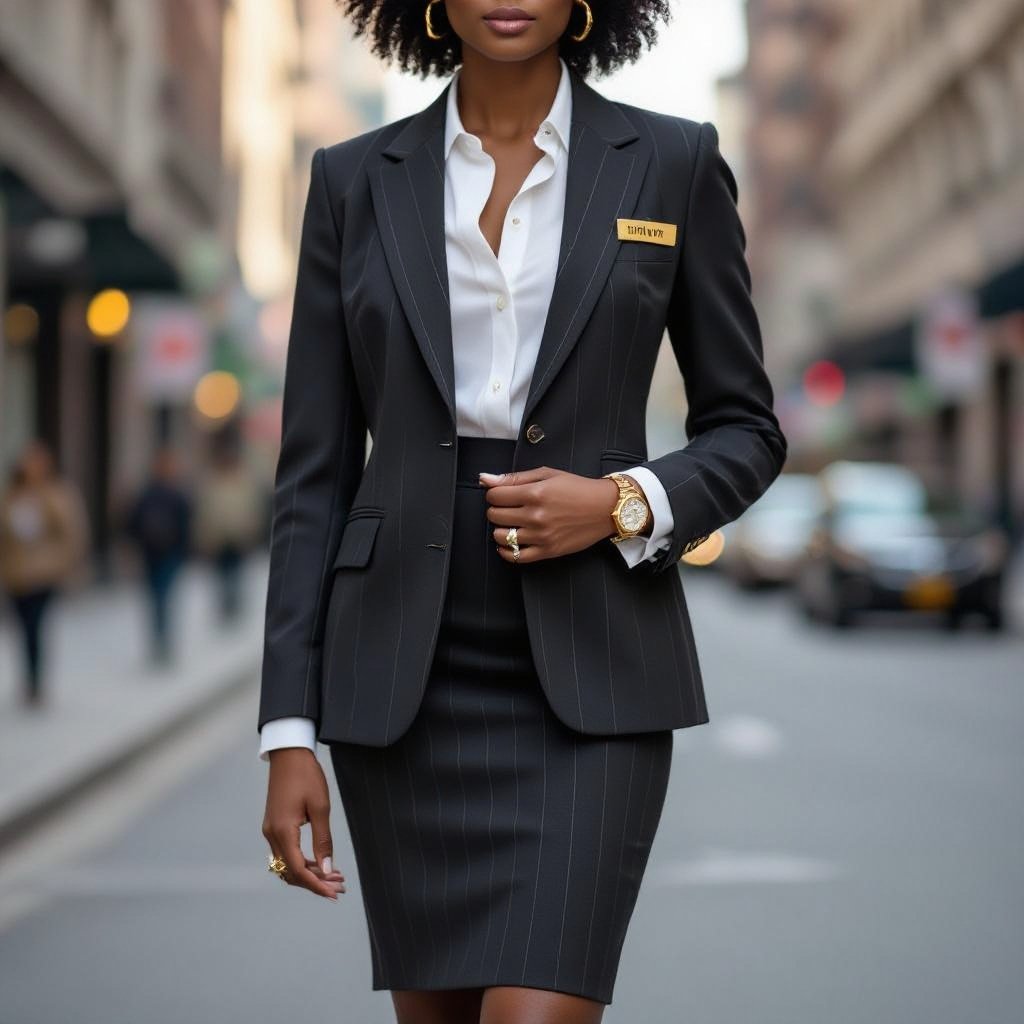 dark chocolate brown girl wearing brown girl grey pin stripped skirt and blazer with white blouse underneath. (formal for courthouse appearance) also add gold name plate on top left of blazer saying TOP LWYR in big bold black writing (CLEAR & visible to read pls) add gold and diamond cuff links
Dark chocolate brown girl wearing a charcoal grey pinstriped pencil skirt and matching blazer, a crisp white button-down blouse, a gold nameplate saying "TOP LWYR" on the left lapel, and gold and diamond cuff links.