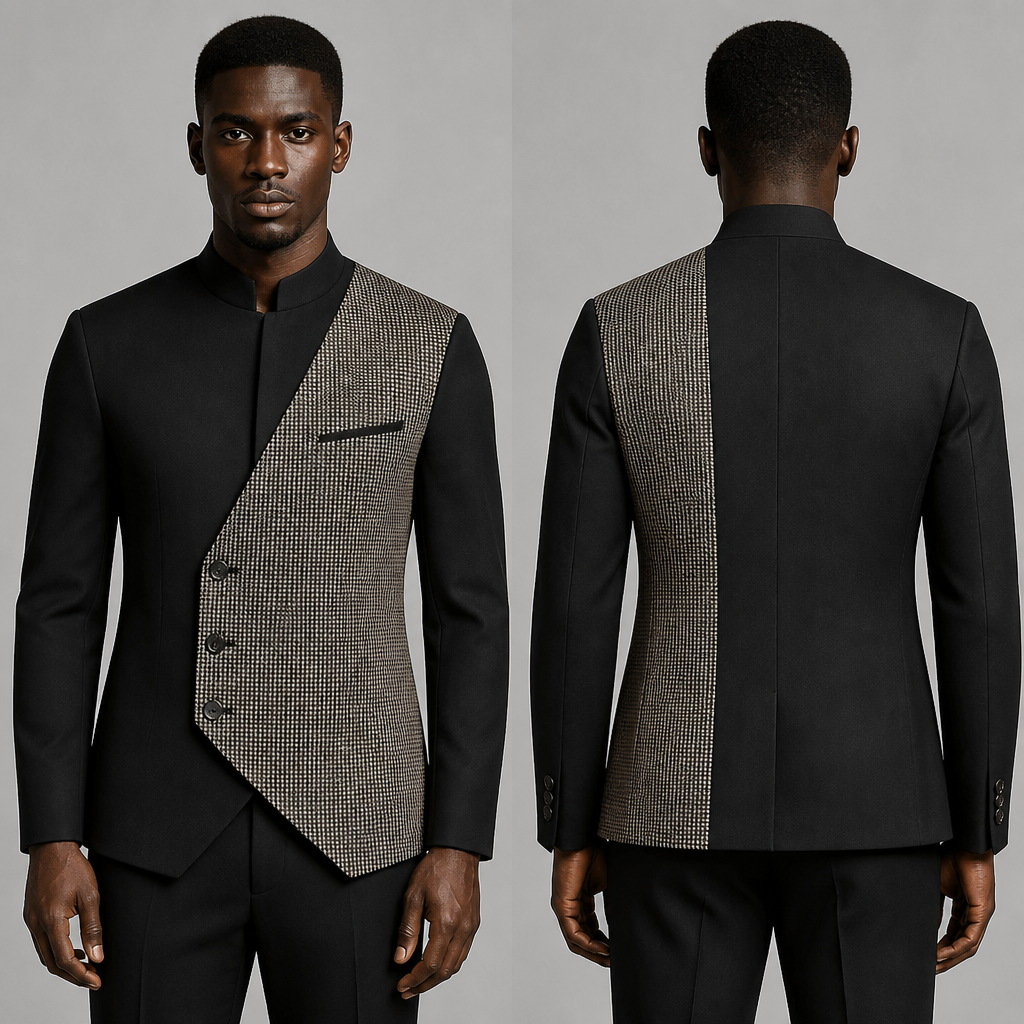 A Male Top design, for Formal. make a waistcoat on the left side pool that change page writing bbl on top of it. South Africa fashion aesthetics.
photorealistic fashion design, A Male Top design, for Formal. make a waistcoat on the left side pool that change page writing bbl on top of it. South Africa fashion aesthetics., just the design no text, show front and back