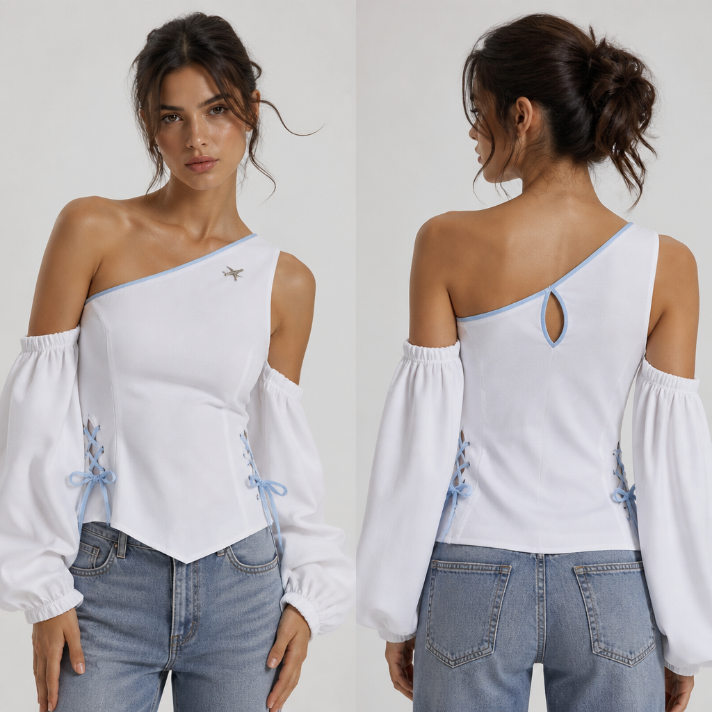 A Female Top design, made of Cotton, for Casual, suitable for Summer, in Elegant style. Топ белый,красиво обведем с одного плеча к другому голубой линией,рукава к топу не пришиты,а висят по рукам, по бокам синие мини бантики со шнуровкой,на спине маленький вырез и на маленький значок самолета на декольте
photorealistic fashion design, A Female Top design, made of Cotton, for Casual, suitable for Summer, in Elegant style. Топ белый,красиво обведем с одного плеча к другому голубой линией,рукава к топу не пришиты,а висят по рукам, по бокам синие мини бантики со шнуровкой,на спине маленький вырез и на маленький значок самолета на декольте, elegant style, just the design no text, show front and back