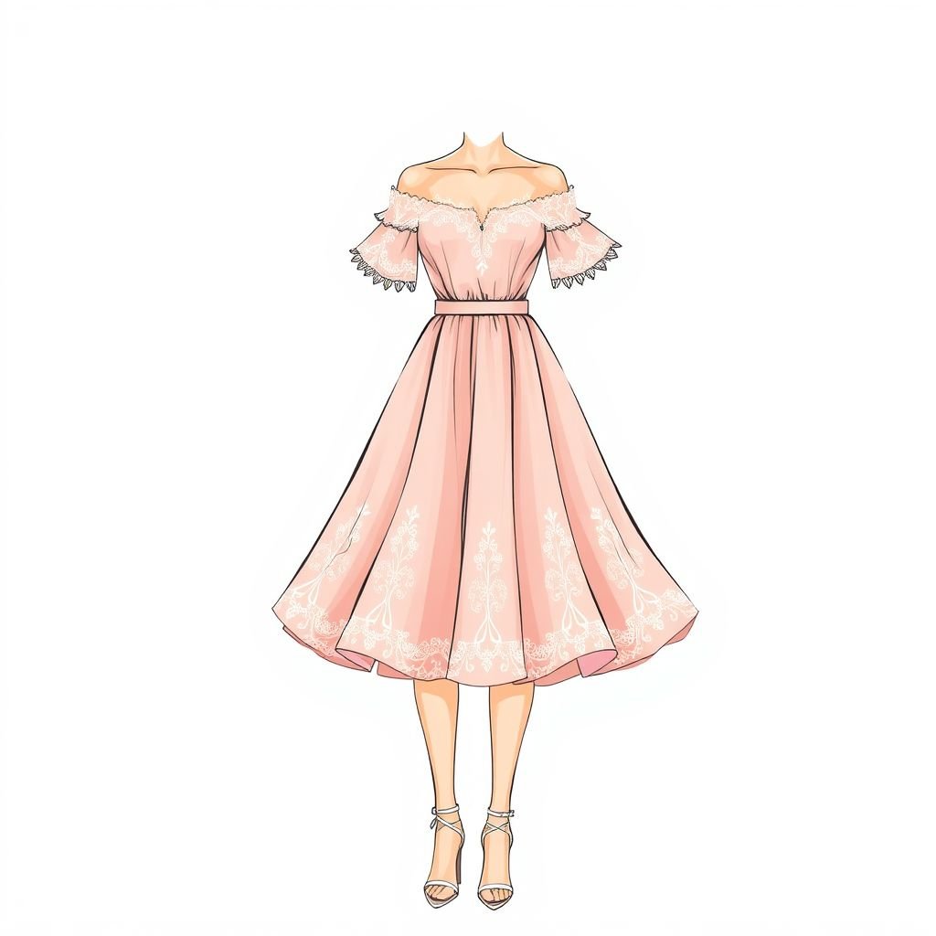 Perfect first date dress
Design a flirty, knee-length A-line dress featuring soft blush tones and delicate lace accents. The off-the-shoulder neckline highlights the collarbone, while flutter sleeves add a whimsical touch. A cinched waist creates an hourglass silhouette, and a flowing skirt embodies movement. Complete the look with dainty, strappy heels and pearl earrings.