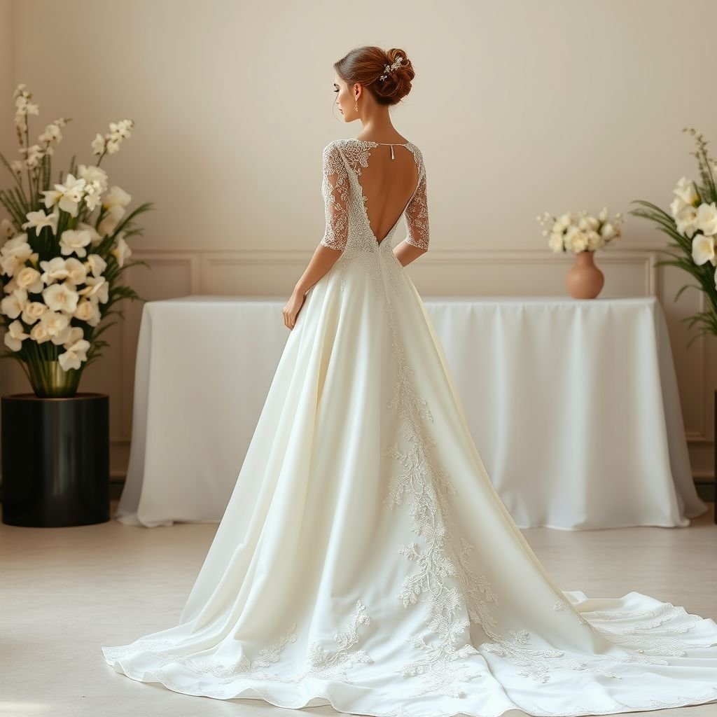 Beaded, white bridal wedding dress with lace sleeves. Beautiful.
Create an enchanting bridal gown featuring a stunning beaded white silhouette, gracefully flowing to the floor. The gown showcases intricate lace sleeves that add an ethereal touch, seamlessly blending the classic with the modern. Include delicate, hand-embroidered floral motifs cascading down the train, emphasizing timeless elegance and sophistication for a serene wedding ambiance.