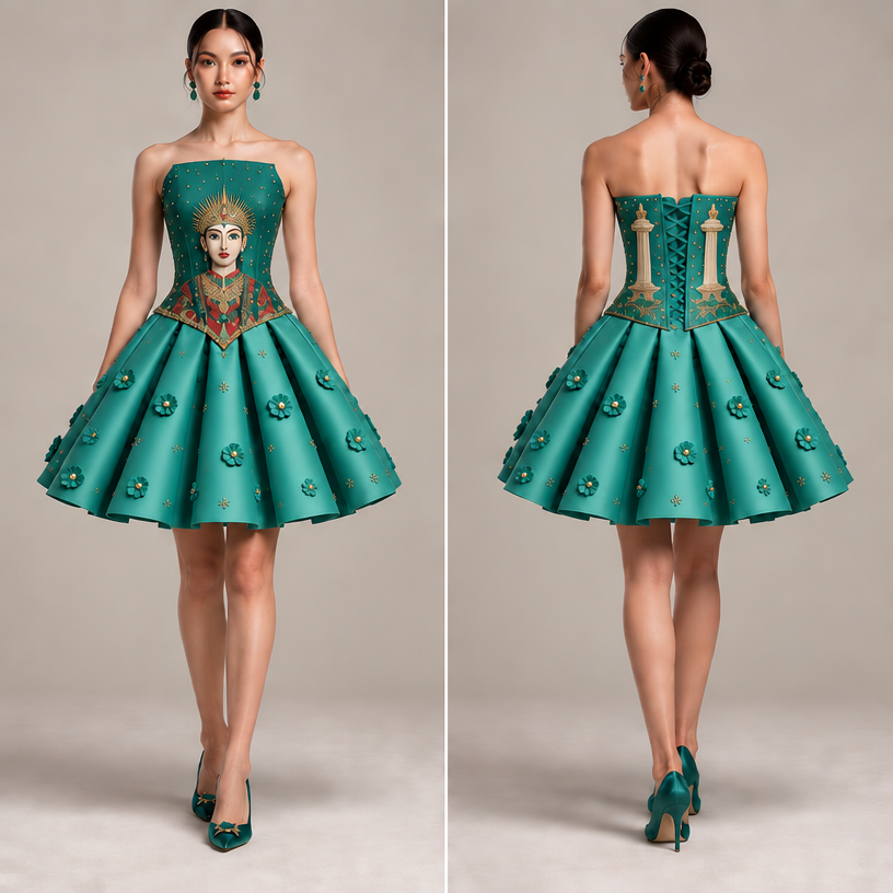 Taburan payet di korset depan jangan terlalu banyak dibuat elegan saja. Ondel2 jangan di buang.
edit the attached fashion design with these instructions: Taburan payet di korset depan jangan terlalu banyak dibuat elegan saja. Ondel2 jangan di buang.. keep it photorealistic, just the design no text