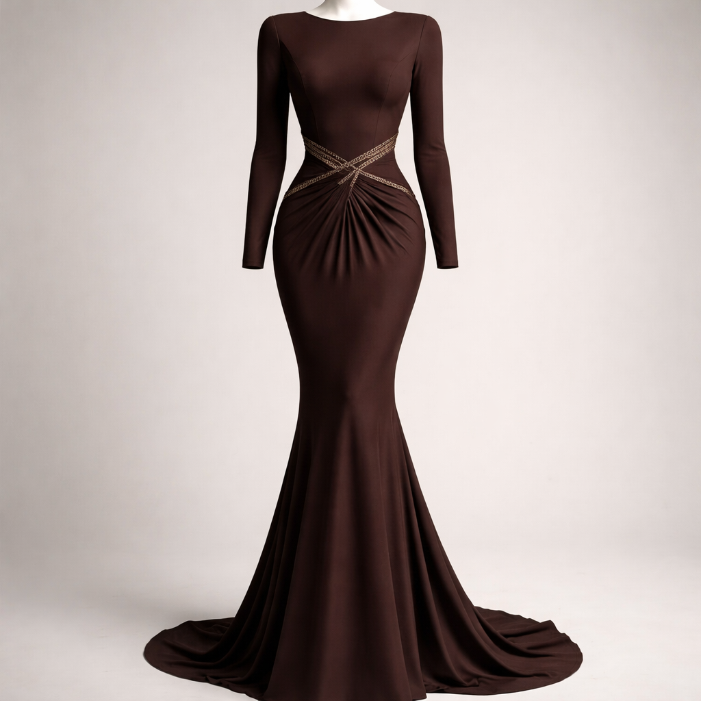 “Luxury modest evening gown, long sleeves, fitted bodice, deep chocolate brown stretch crepe fabric, sculpted silhouette with mermaid hem, braided rope trim detail crossing the waist in a deep V shape, gathered draping at center waist, minimal elegant aesthetic, high-end fashion brand style, realistic fabric texture, front view mannequin”
“Luxury modest evening gown, long sleeves, fitted bodice, deep chocolate brown stretch crepe fabric, sculpted silhouette with mermaid hem, braided rope trim detail crossing the waist in a deep V shape, gathered draping at center waist, minimal elegant aesthetic, high-end fashion brand style, realistic fabric texture, front view mannequin”