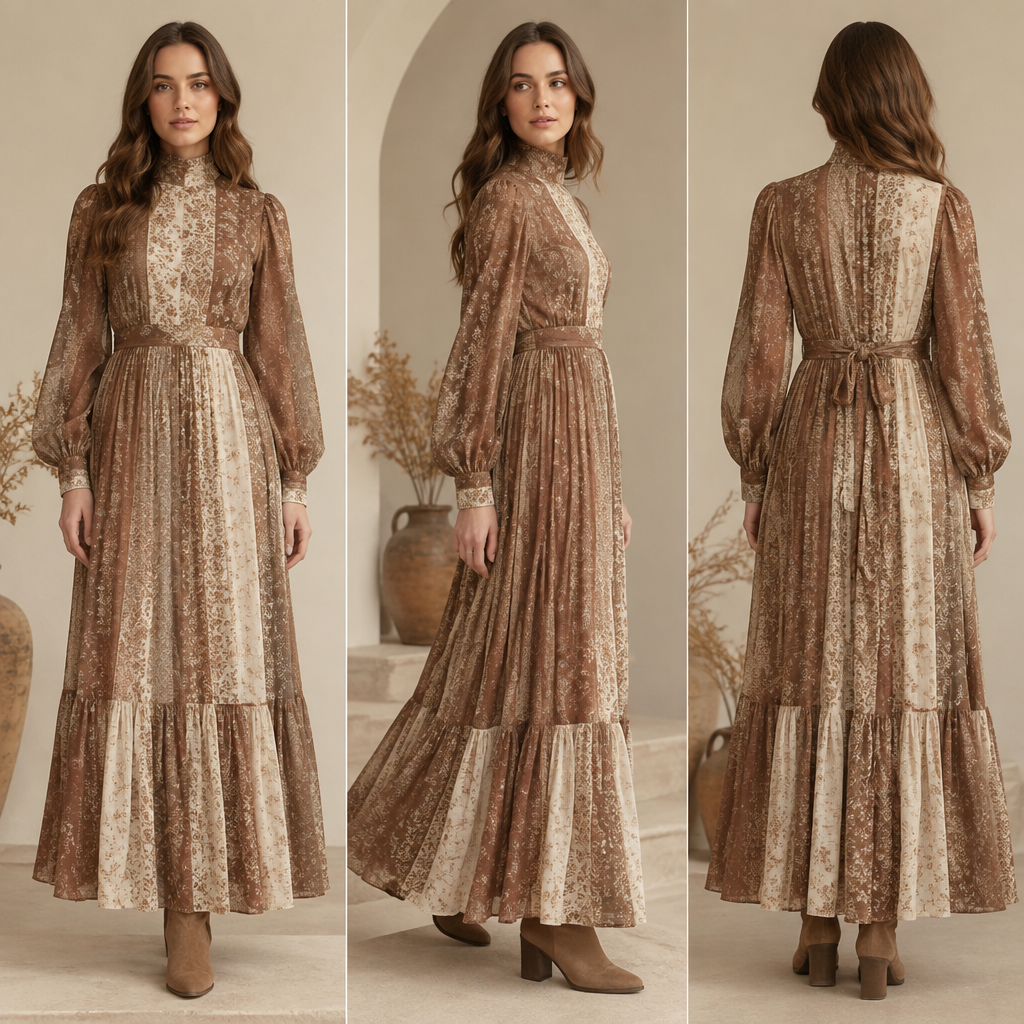 A Female Dress design, with modest, full coverage: longer hemlines, higher necklines and covered shoulders, suitable for Fall, in Minimalist + Bohemian + Elegant style Present it as professional fashion catalogue photography: the garment is the subject, shown full-length with editorial styling, neutral posing and tasteful, non-suggestive framing.
photorealistic fashion design, A Female Dress design, with modest, full coverage: longer hemlines, higher necklines and covered shoulders, suitable for Fall, in Minimalist + Bohemian + Elegant style Present it as professional fashion catalogue photography: the garment is the subject, shown full-length with editorial styling, neutral posing and tasteful, non-suggestive framing., minimalist style, just the design no text