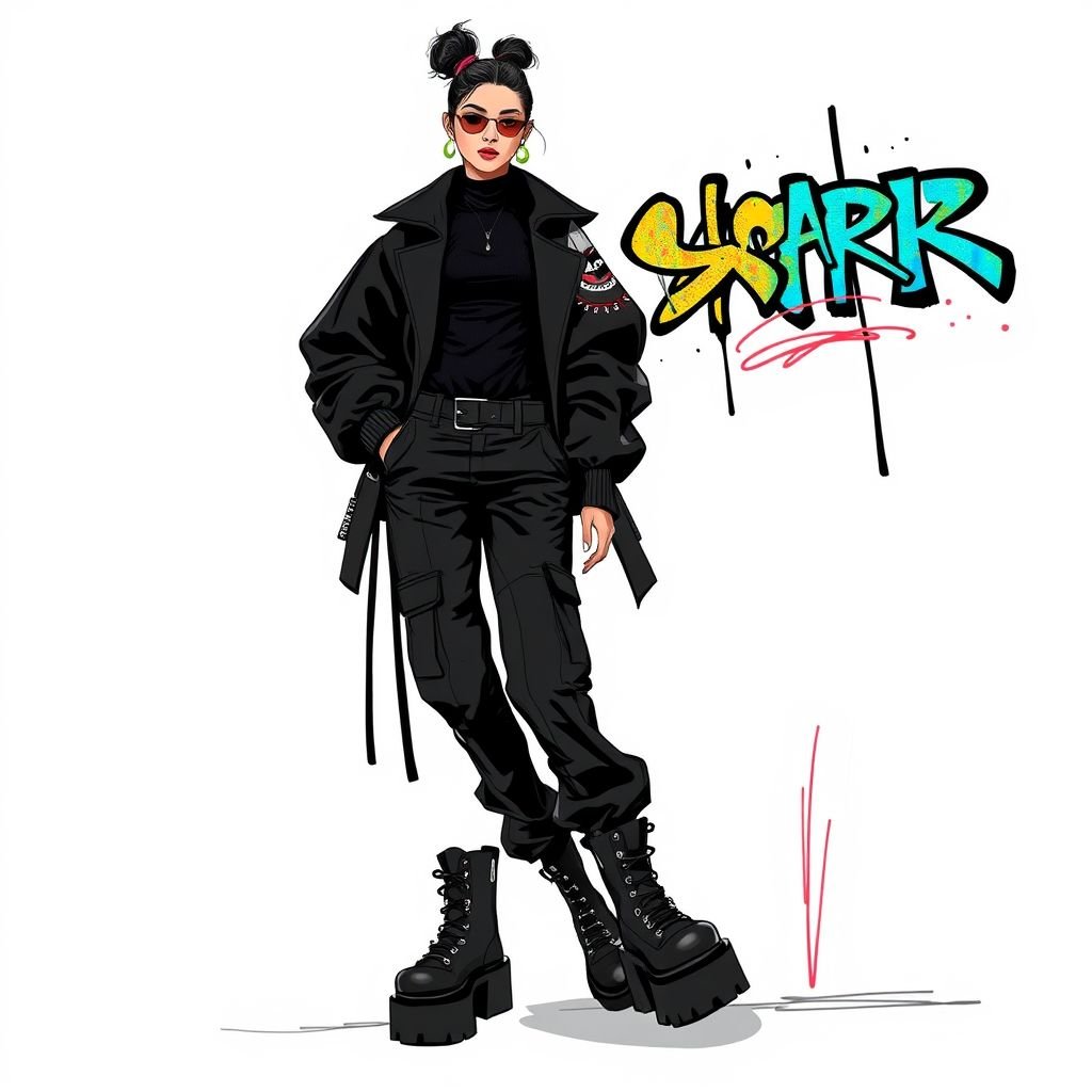 A street ready to wear in black
Imagine a street-ready black ensemble featuring an oversized asymmetrical jacket with dramatic sleeves, paired with high-waisted cargo pants adorned with silver buckles. Layered beneath is a sleek, fitted, mesh turtleneck. Bold, chunky platform boots complete the look, while an abstract graffiti-themed accessory adds a pop of color, merging urban art with edgy fashion.