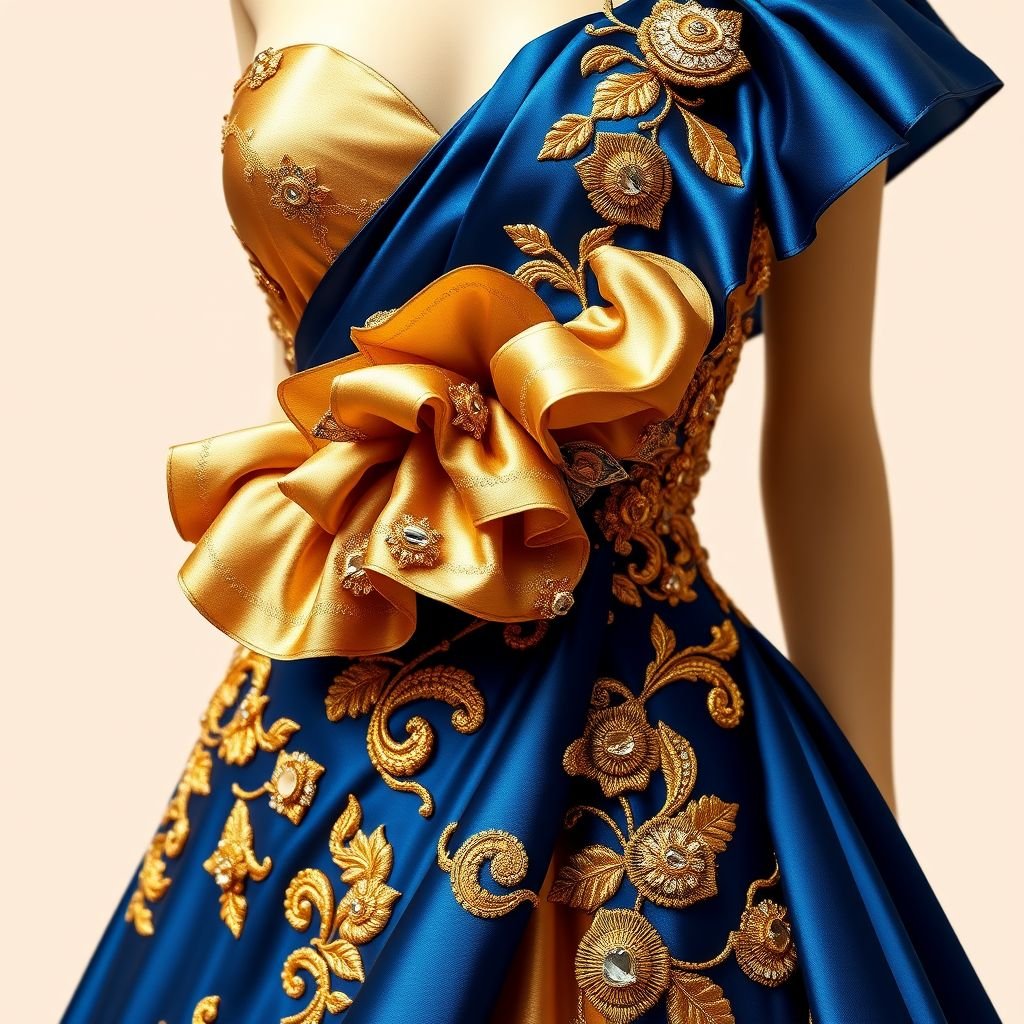 A gold and blue dress
Envision a dazzling haute couture gown, intricately crafted from shimmering gold silk and rich blue satin. The design features one-shoulder asymmetry, cascading ruffles, and hand-embroidered floral motifs in gold thread. Adorned with opulent gemstones, this breathtaking masterpiece embodies elegance and exclusivity, perfect for a grand evening gala or red carpet affair.