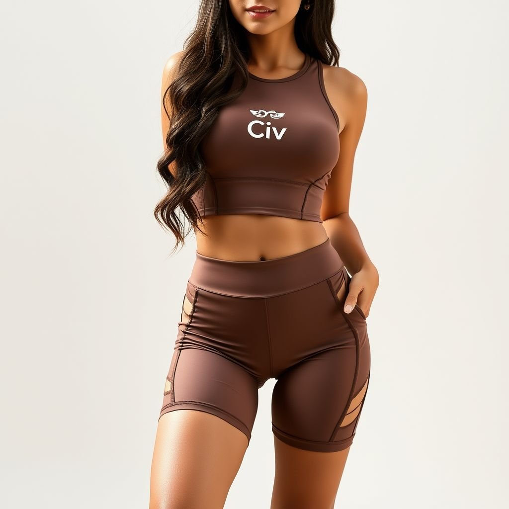 Short set sportwear, unique and sexy in brown with Civ logo
Envision a daring short set sportswear ensemble, merging sleek design with playful allure. Crafted from luxurious, moisture-wicking fabric in an earthy brown hue, it features a form-fitting crop top with cut-out side panels and high-waisted shorts that highlight the curves. The distinctive Civ logo adorns the chest, accentuating the chic, athletic vibe.