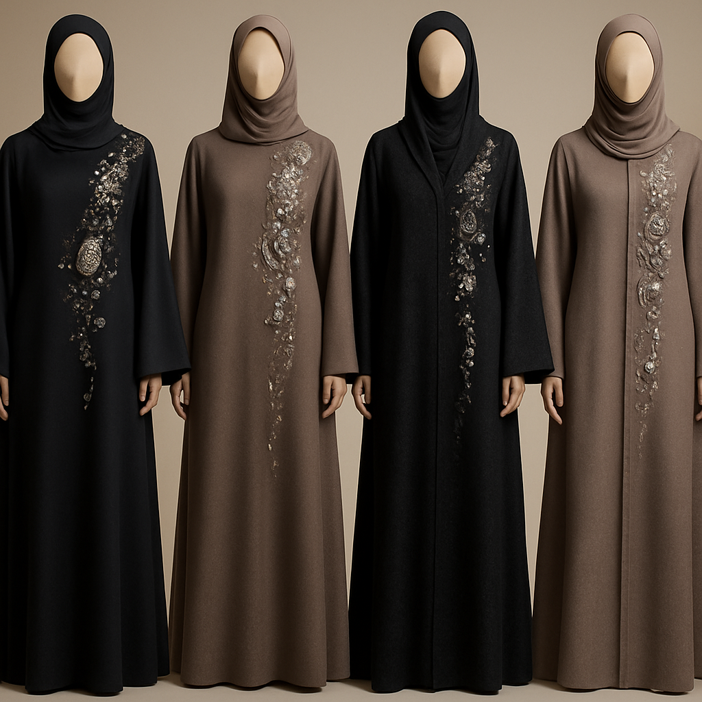 Create me modest abaya that's first in the world, using unique stone design, classy and sophisticated. Keep me 4 designs. Make them rich by adding unique chic stone high end designs and . Showcasing different styles and fabric.
Create me modest abaya that's first in the world, using unique stone design, classy and sophisticated. Keep me 4 designs. Make them rich by adding unique chic stone high end designs and . Showcasing different styles and fabric.