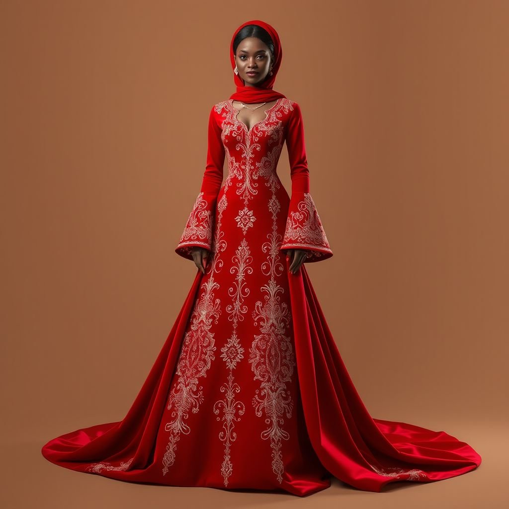 Red velvet dress a wedding shash having Somali culture mixed with Ethiopian
Design an exquisite red velvet wedding dress that embodies elegance, featuring intricate Somali and Ethiopian cultural motifs. The gown flows gracefully, with a fitted bodice adorned with delicate beadwork and embroidered patterns inspired by traditional textiles. Layered bell sleeves and a sweeping train complete the look, merging timeless elegance with rich cultural heritage.