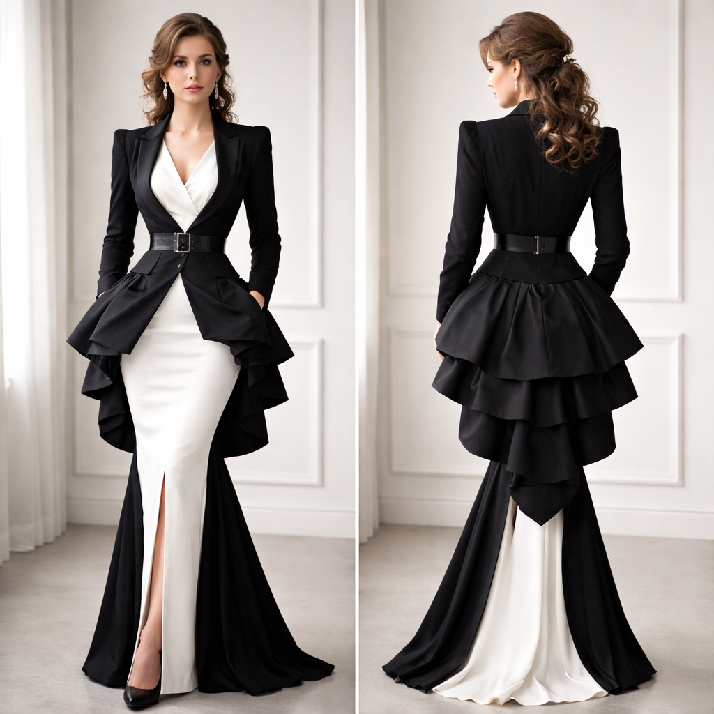 Real clothes, modern office wear, vintage bustle
Real clothes, modern office wear, vintage bustle, monochrome style, show front and back