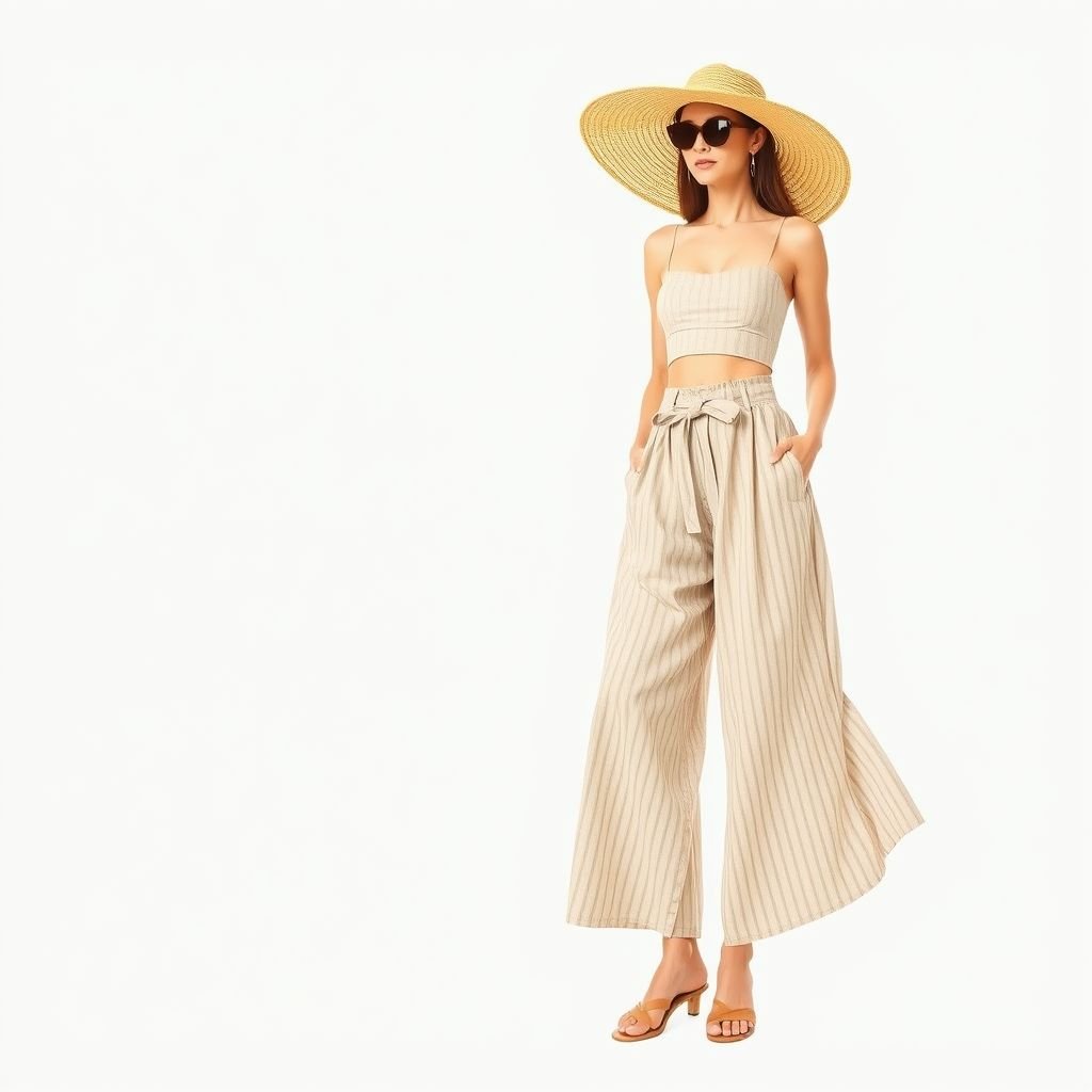 I want to create a simple resort loss pants with like t classic minimal chic
Design a pair of flowing, high-waisted resort linen culottes, evoking effortless elegance. The pants feature a subtle striped pattern in calming earth tones, with a wide leg for breathability. Pair them with a fitted, organic cotton crop top and oversized sunhat, embodying a refined, minimalist aesthetic perfect for sun-soaked getaways.