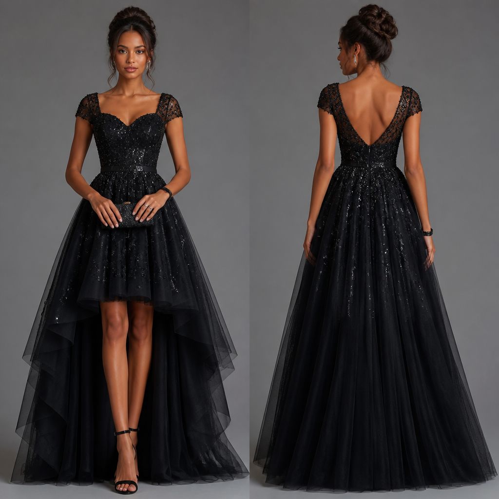 Black prom dress short sleeves with accessories
photorealistic fashion design, Black prom dress short sleeves with accessories, just the design no text, show front and back