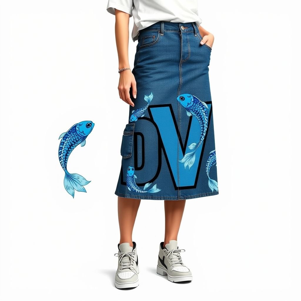 a jean skirt midi, that has blue koi fish swimming around the letters “DV”. The skirt needs to have zipper pockets
Design a midi jean skirt infused with streetwear flair, featuring vibrant blue koi fish slinking around bold “DV” lettering. Incorporate oversized zipper pockets for practicality, and enhance with a distressed finish for an edgy look. Style it with chunky sneakers and layered graphic tees for the ultimate urban vibe.
