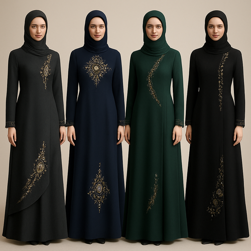 Create me modest two piece that's first in the world, using unique stone design, classy and sophisticated. Keep me 4 designs. Make them rich by adding minimal stone embroidery and stones designs.