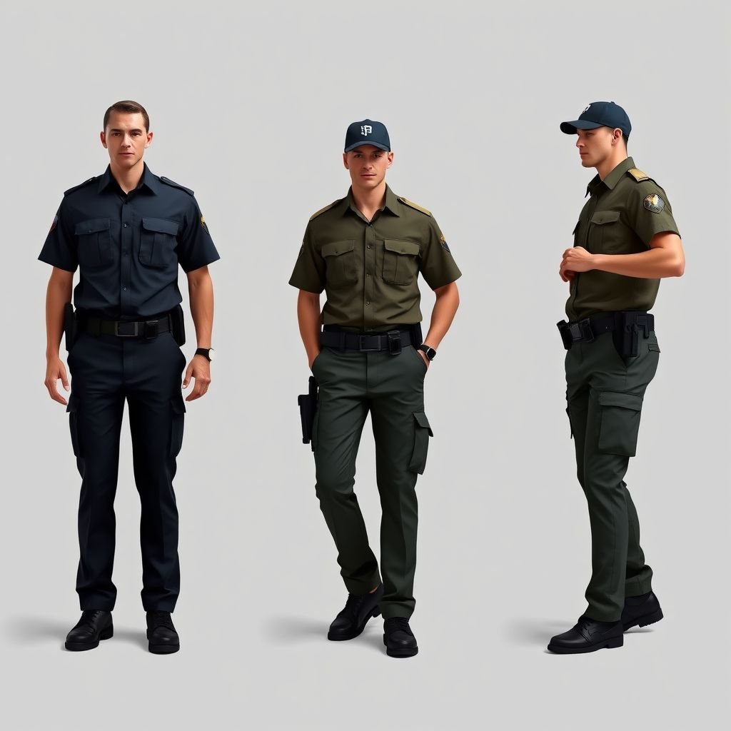 Male uniform of a police investigation unit of a hot and humid country. It may consists of a trouser and a bush shirt. The colour is dark blue.
Design a male uniform for a police investigation unit in a hot, humid climate. Incorporate breathable, moisture-wicking fabrics for comfort. Features include tailored dark blue trousers with cargo pockets and a short-sleeved bush shirt adorned with subtle reflective stripes for visibility. Complete the look with a lightweight utility belt and breathable cap.