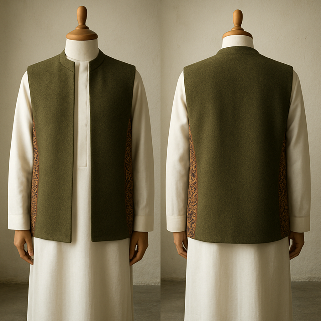 Contemporary sleeveless hip-length sedri on a wooden mannequin over a white Saudi thawb, olive khaki textured wool with patterned Sindhi side panels, minimalist matte finish, soft natural window light from left, textured studio floor, realistic with slight artistic grain --ar 3:4 --v 5 --q 2"
Contemporary sleeveless hip-length sedri on a wooden mannequin over a white Saudi thawb, olive khaki textured wool with patterned Sindhi side panels, minimalist matte finish, soft natural window light from left, textured studio floor, realistic with slight artistic grain --ar 3:4 --v 5 --q 2"
, show front and back