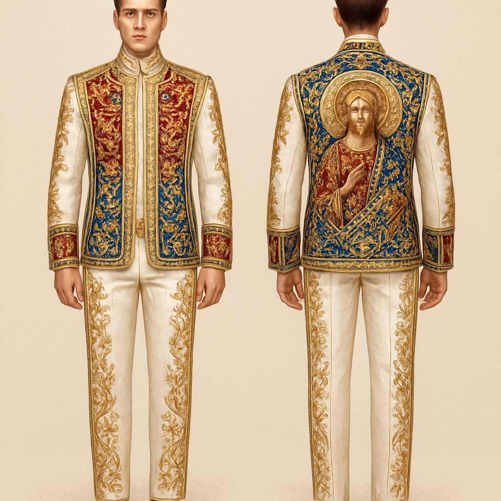 A male firmware in the colors of white gold red blue inspired by Catholic priest robe and da Vinci’s artwork jacket, and pants with elaborate embroidery using rhinestones liquid bead beating and beat
A male firmware in the colors of white gold red blue inspired by Catholic priest robe and da Vinci’s artwork jacket, and pants with elaborate embroidery using rhinestones liquid bead beating and beat, luxury style, show front and back