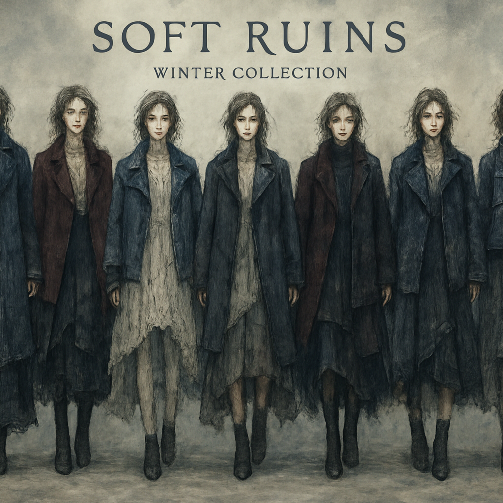 A winter fashion collection called "Soft
Ruins" — inspired by the contrast between roughness and poetry.
The aesthetic combines grunge and delicate femininity: raw denim textures, distressed seams, visible hand-stitching, and rough layering mixed with lace, sheer fabrics, and soft light materials.
The mood is melancholic but elegant — like old architecture covered in frost, where decay meets beauty.
Use oversized silhouettes, asymmetric cuts, and layered details.
Main fabrics: denim, leather, lace, organza, wool, and plaid.
Color palette: deep indigo, graphite gray, ivory, burgundy, and touches of gold.
Style it as a poetic grunge winter collection
- emotional, textured, and softly dramatic.10 different outfits more detailed,
A winter fashion collection called "Soft
Ruins" — inspired by the contrast between roughness and poetry.
The aesthetic combines grunge and delicate femininity: raw denim textures, distressed seams, visible hand-stitching, and rough layering mixed with lace, sheer fabrics, and soft light materials.
The mood is melancholic but elegant — like old architecture covered in frost, where decay meets beauty.
Use oversized silhouettes, asymmetric cuts, and layered details.
Main fabrics: denim, leather, lace, organza, wool, and plaid.
Color palette: deep indigo, graphite gray, ivory, burgundy, and touches of gold.
Style it as a poetic grunge winter collection
- emotional, textured, and softly dramatic.10 different outfits more detailed,