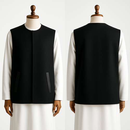 ‏"Minimalist sleeveless hip-length black sedri above white thawb on a luxurious wooden mannequin, clean lines, matte leather appliqué details, high-key white background for e-commerce, even softbox lighting, front and 3/4 frame, extremely sharp detail --ar 2:3 --v 5 --q 2"
