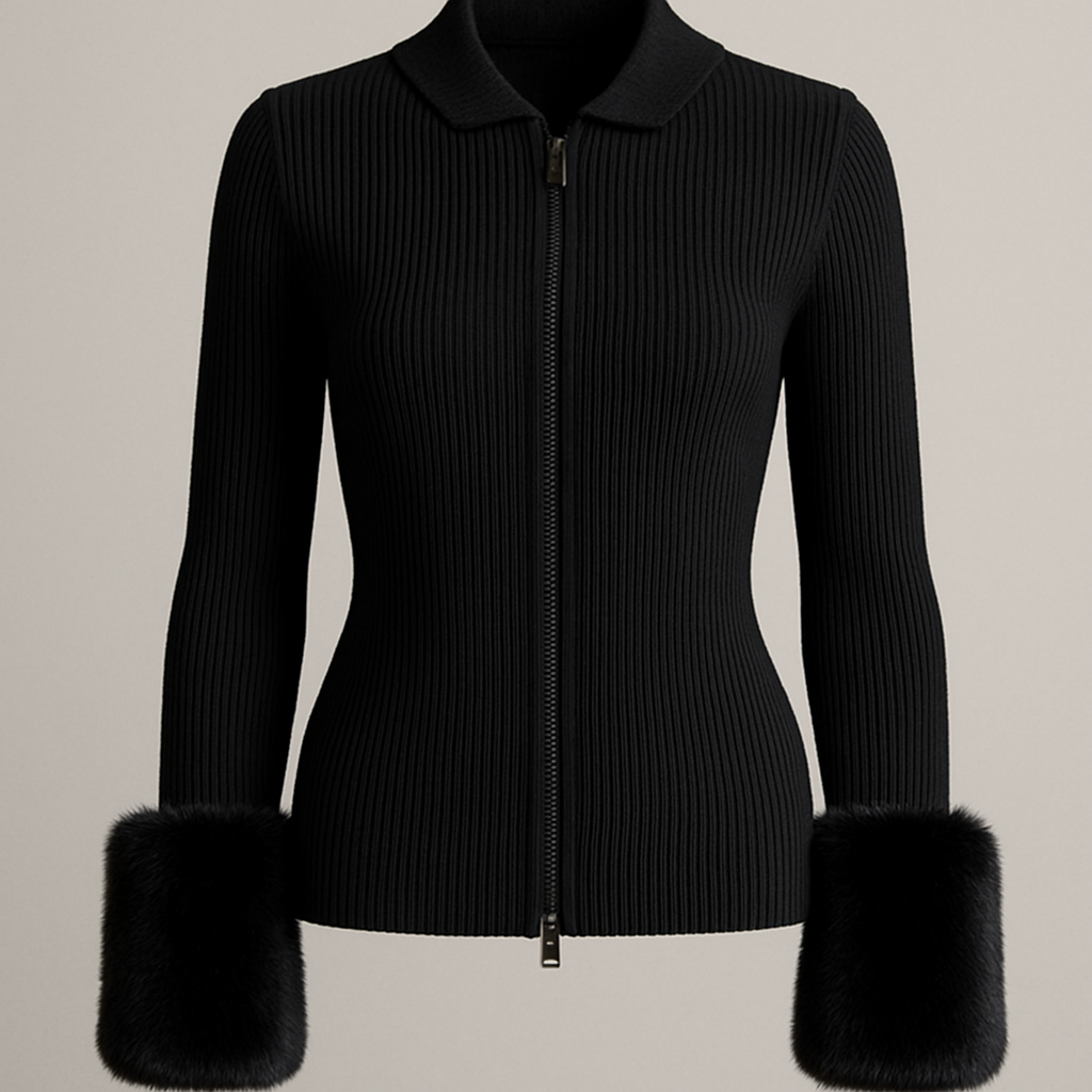 Black zip up ribbed cardigan with black faux fur cuff on sleeves
Black zip up ribbed cardigan with black faux fur cuff on sleeves