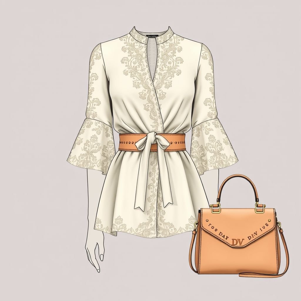 Women's Double-Layer flare Sleeve Tie-Front Blouse, with a belt around waist that says “DV” and “DV” on tag inside shirt. With heels on that has “DV” on bottom and a purse with DV on it to match the dress and heels
Design an elegant women's double-layer flare sleeve tie-front blouse adorned with intricate lace detailing. The waist features a luxurious, embroidered belt showcasing “DV” subtly. Coordinate with strappy heels, embellished elegantly at the soles with “DV,” and a chic, matching purse, all enhancing refined sophistication in a timeless palette.