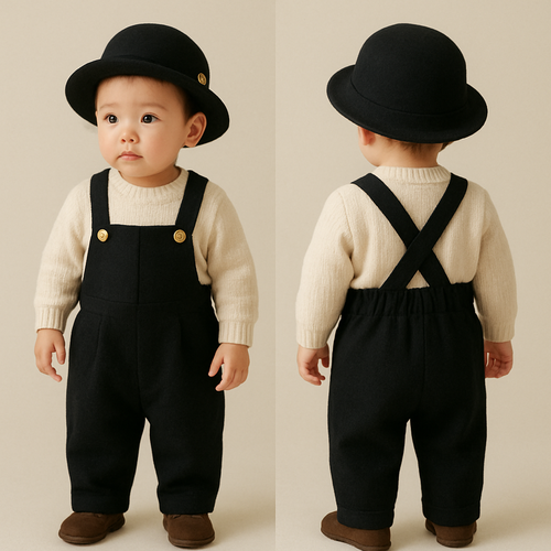 一歳男の子着用画
黒のハットにアンティークゴールドのボタンをつけて