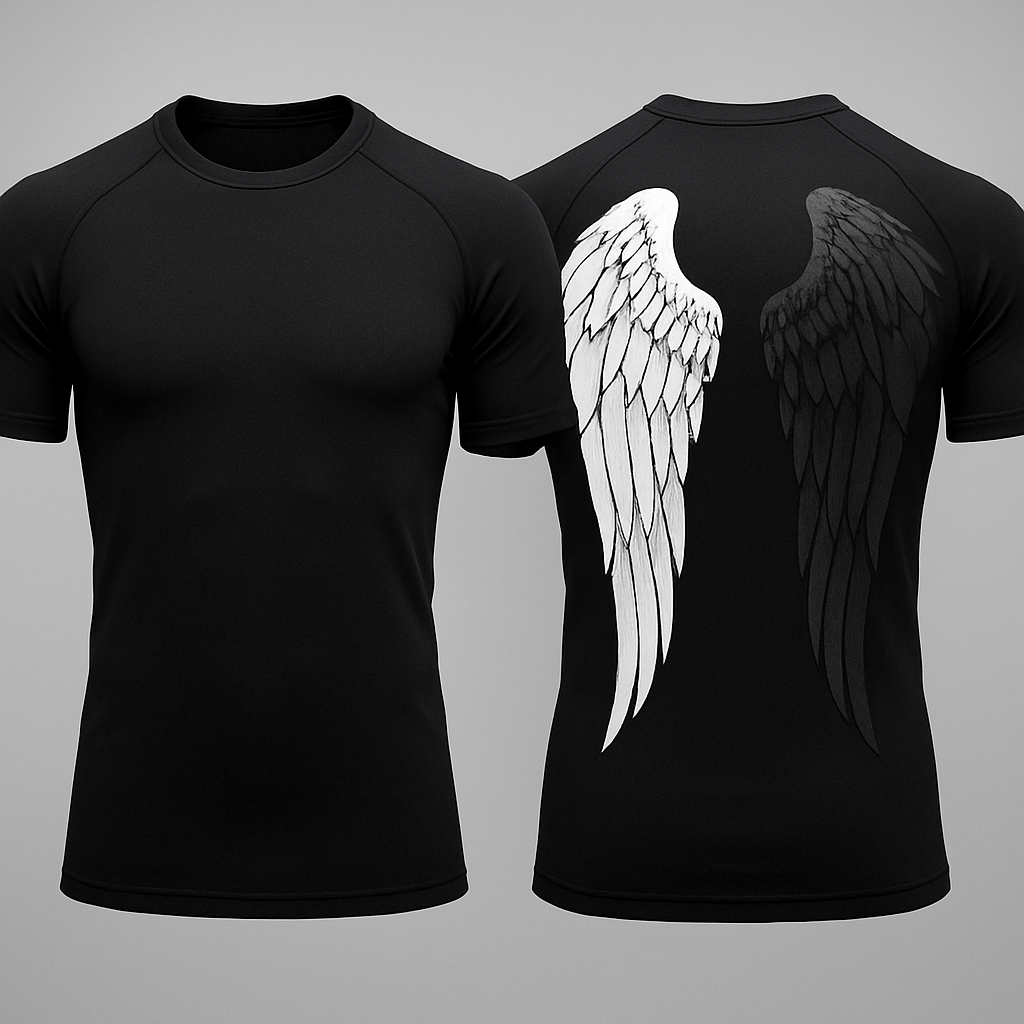 Black base compression fit short sleeve rash guard with angel wings in the back 

Make one wing white and the other black but lighter shade of black compared to the base color 

Black base compression fit short sleeve rash guard with angel wings in the back 

Make one wing white and the other black but lighter shade of black compared to the base color , streetwear style, show front and back