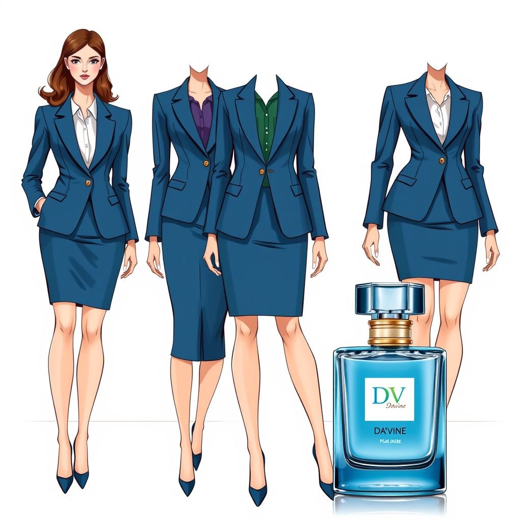 Blue eau de perfume bottle with the name “Da’Vine” on it. With DV on it.
Design a chic business attire collection inspired by a sleek blue eau de perfume bottle named "Da'Vine." Focus on tailored blazers and sophisticated pencil skirts in elegant blue hues. Incorporate DV monograms subtly into the fabric patterns. Showcase the balance between professionalism and elegance, perfect for the modern corporate woman.