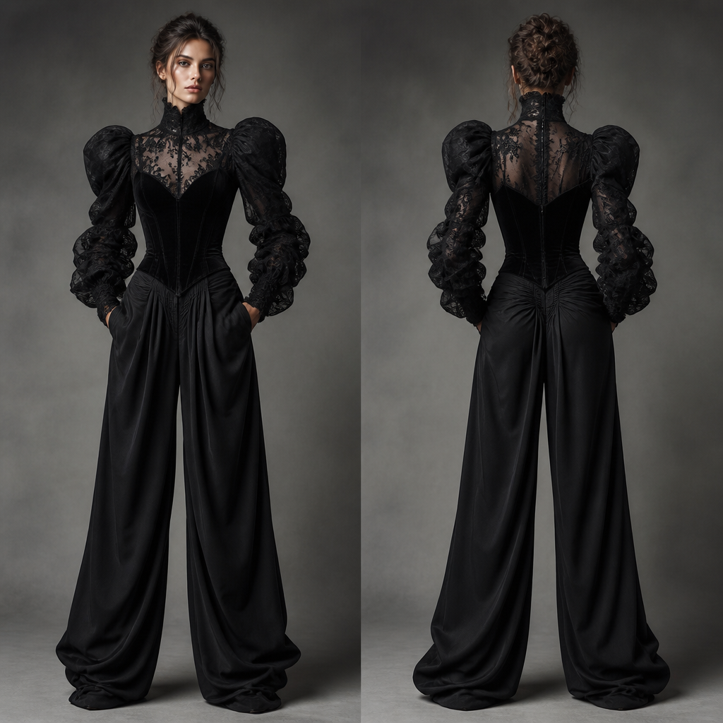 A black vintage high neck Victoria blouse with exaggerated shoulders lace mesh details ballon ruched sleeve details paired with a met black velvet corset with silk seaming paired with black drappy slaks with tapered folding at the bottom but with a palazzo feel in all black the
photorealistic fashion design, A black vintage high neck Victoria blouse with exaggerated shoulders lace mesh details ballon ruched sleeve details paired with a met black velvet corset with silk seaming paired with black drappy slaks with tapered folding at the bottom but with a palazzo feel in all black the , vintage style, just the design no text, show front and back