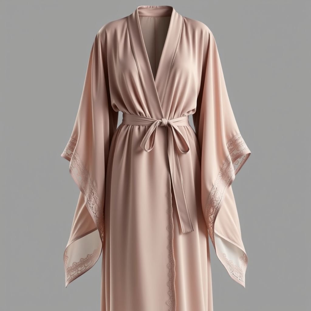 Robe longue col kimono manches kimono cintré à la taille détails en dentelle bas de robe et fin de manche
Imagine an elegant kimono-style long robe, cinched at the waist with a delicate lace belt. The flowing sleeves cascade gracefully, adorned with intricate lace detailing at the hem and cuffs. Soft, luxurious fabrics in muted jewel tones enhance the sophistication, while a subtle sheen adds an ethereal quality to this timeless ensemble.
