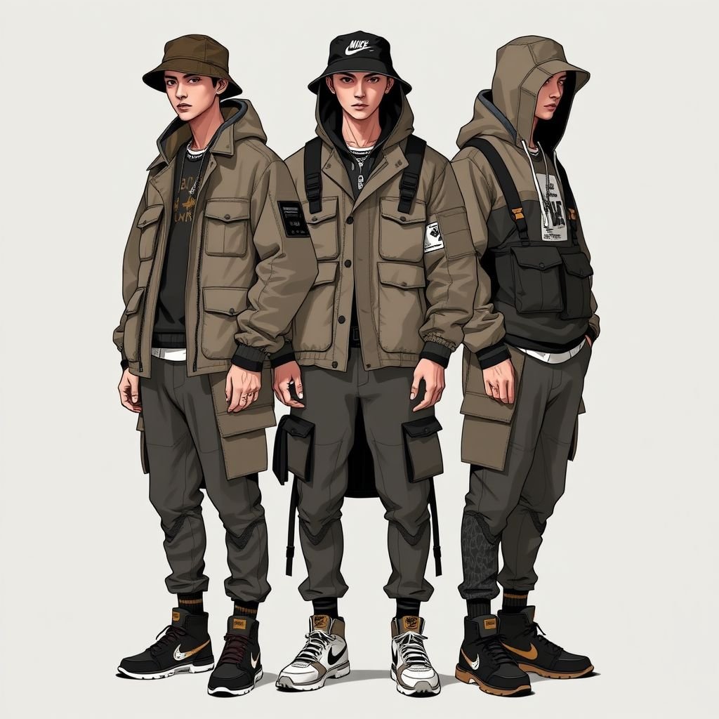 Menswear brutalist geometric design
Design a bold menswear streetwear collection featuring brutalist geometric patterns with oversized silhouettes. Incorporate asymmetric cuts and layered textures in muted earth tones. Emphasize utility with functional pockets and adjustable straps. Infuse urban grit with graphic prints and street-inspired accessories, like bucket hats and high-top sneakers, for a cutting-edge aesthetic.