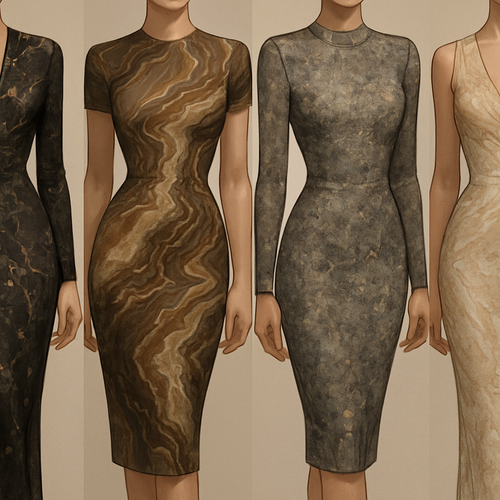 Create a modest sexy elegant fittted dress, the first of its kind, featuring a unique stone design that exudes a classy and sophisticated vibe. I'd like four designs, each showcasing different styles and fabrics. Incorporate high-end, unique chic stone designs to make them truly special. Add little sophisticated stone designs.