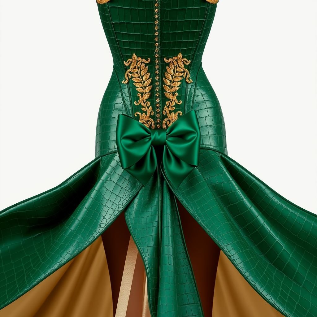 Charming, glamorous, wonderful, unusual, crocodile leather evening dress
Design a captivating evening dress crafted from opulent crocodile leather, featuring a deep emerald hue. The silhouette showcases a form-fitting bodice adorned with intricate gold embellishments that resemble delicate scales. Flowing asymmetrical layers cascade from the waist, creating a whimsical train. Accentuate with a striking, oversized satin bow at the back.