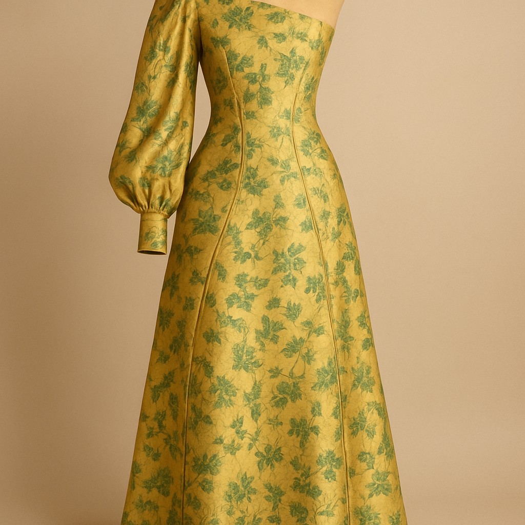 Gold Asymmetrical slant shoulder cutout neckline maxi dress with long gathered silk sleeves and two seams that start center front and curve around the body down to hem. Has green embroidery of flowers as a print covering entire dress
Gold Asymmetrical slant shoulder cutout neckline maxi dress with long gathered silk sleeves and two seams that start center front and curve around the body down to hem. Has green embroidery of flowers as a print covering entire dress, vintage style