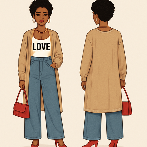 Black woman 
Short curls 
Gold jewelry
 Wife beater with Love on it 
Big jeans 
Long cardigan 
Red heels red purse 


