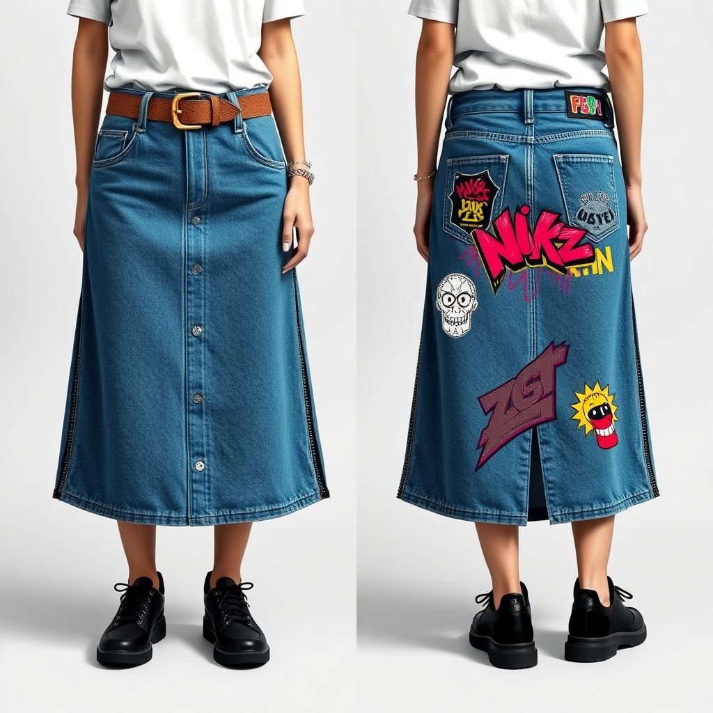 A denim skirt, with belt buckles on it. I want a front and back view of the skirt. The skirt should be midi length, with zippers going side to side, that you can attatch or detach.
Design a striking midi-length denim skirt, embodying urban streetwear vibes. Feature bold belt buckles and edgy side-to-side zippers for a versatile, customizable look. Showcase the front and back view—highlighting a relaxed fit, distressed detailing, and vibrant graffiti-inspired patches. Perfect for layering with oversized tees and chunky sneakers.