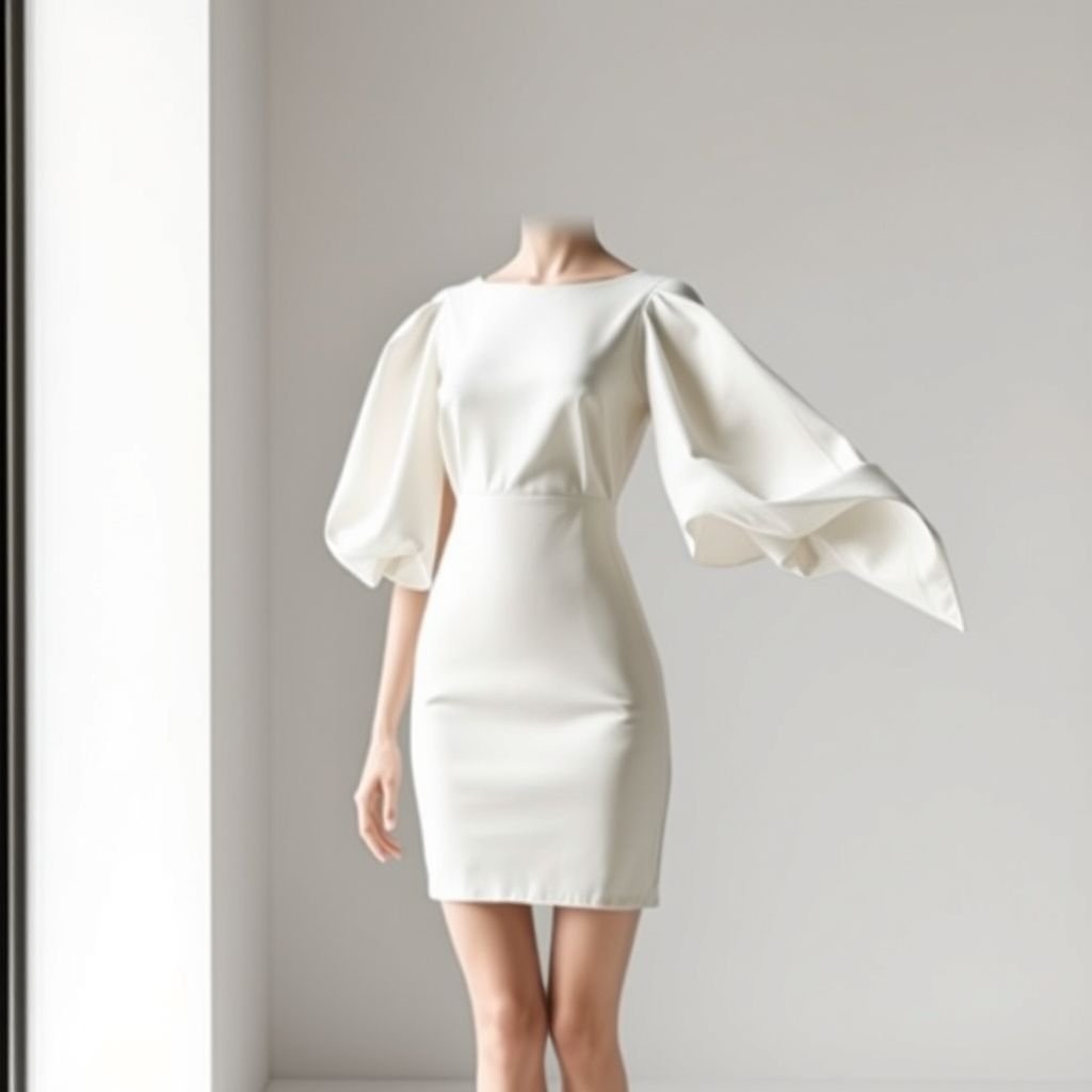 Short dress with long flared sleeves
Design a minimalist short dress featuring long, elegantly flared sleeves that gracefully cascade down the arms. The dress should embody simplicity with clean lines, a muted color palette, and soft, breathable fabric. Highlight effortless sophistication and versatility, suitable for both day and night, while maintaining an understated, chic aesthetic.
