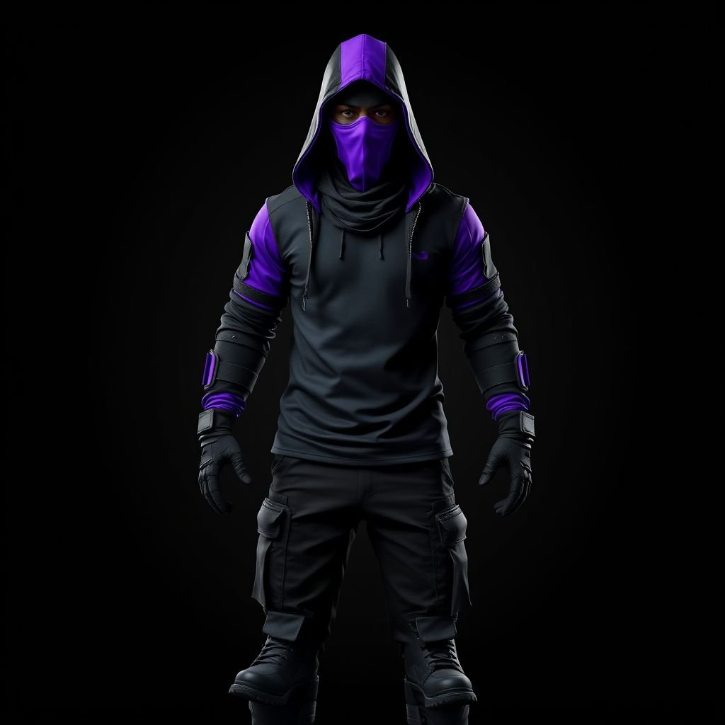 3d image.Tactical suit.Purple hood. Purple and black balaclava. Black t shirt with purple sleeves. Black Cargo trousers. Black and purple gloves. Black boots.
Create a striking 3D tactical military suit featuring a vibrant purple hood that contrasts against a sleek, black base. Incorporate a purple and black balaclava for stealthy allure, complemented by a fitted black t-shirt with bold purple sleeves. Design functional black cargo trousers, ending with rugged black boots and matching gloves for added grip.