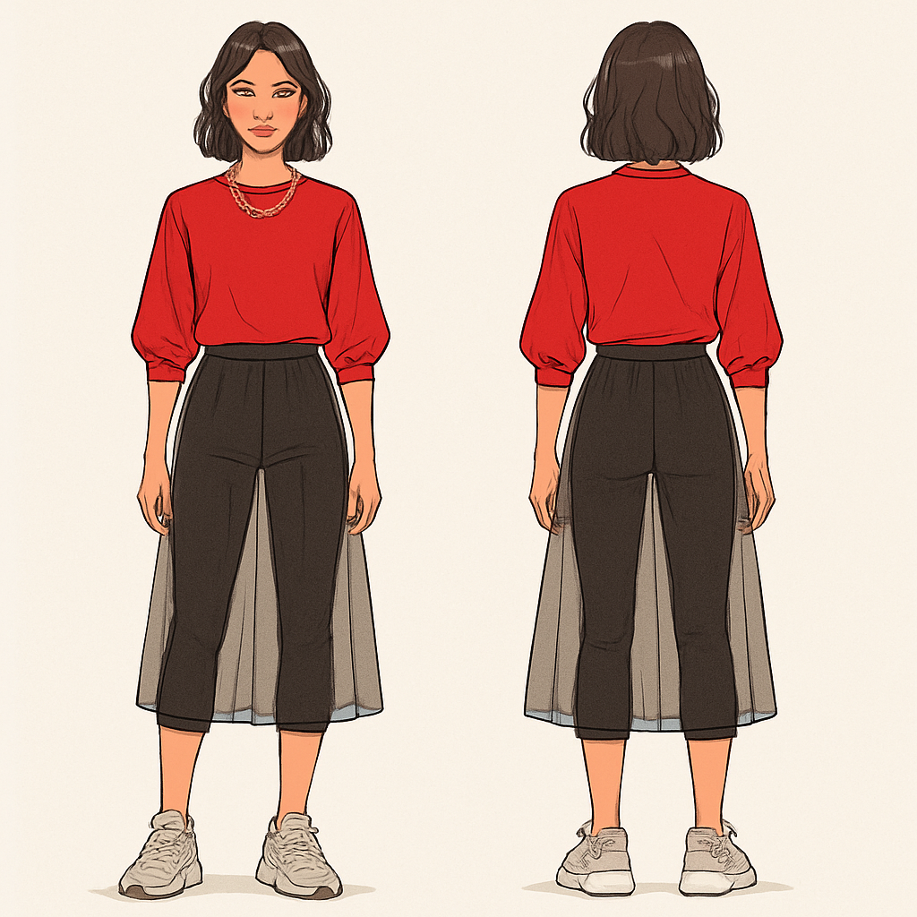 Red blouse with capri pants a see through skirt over the pants a gold necklace tennis shoes
Red blouse with capri pants a see through skirt over the pants a gold necklace tennis shoes , streetwear style, show front and back