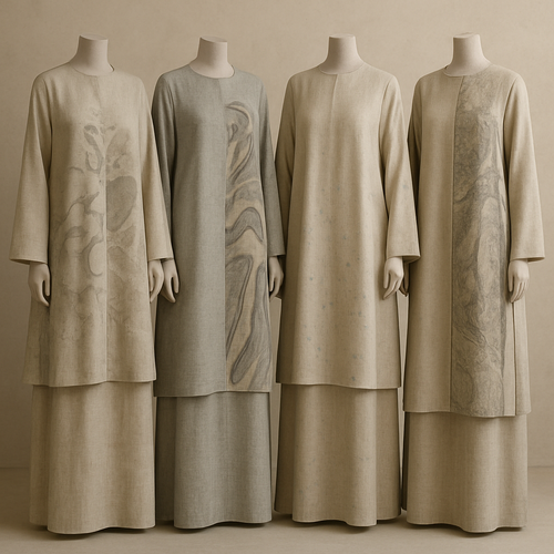 Create a modest two-piece linen abaya, the first of its kind, featuring a unique stone design that exudes a classy and sophisticated vibe. I’d like four designs, each showcasing different styles and fabrics. Incorporate high-end, unique chic stone designs to make them truly special. Add little sophisticated stone designs.
