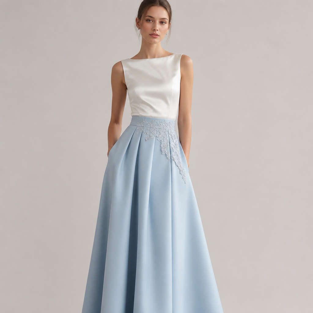 i need small boat neck top sleveless the fabric like satin white color and i need the skirt sky blue clor A line skirt and small lyse detailing
photorealistic fashion design, i need small boat neck top sleveless the fabric like satin white color and i need the skirt sky blue clor A line skirt and small lyse detailing , just the design no text