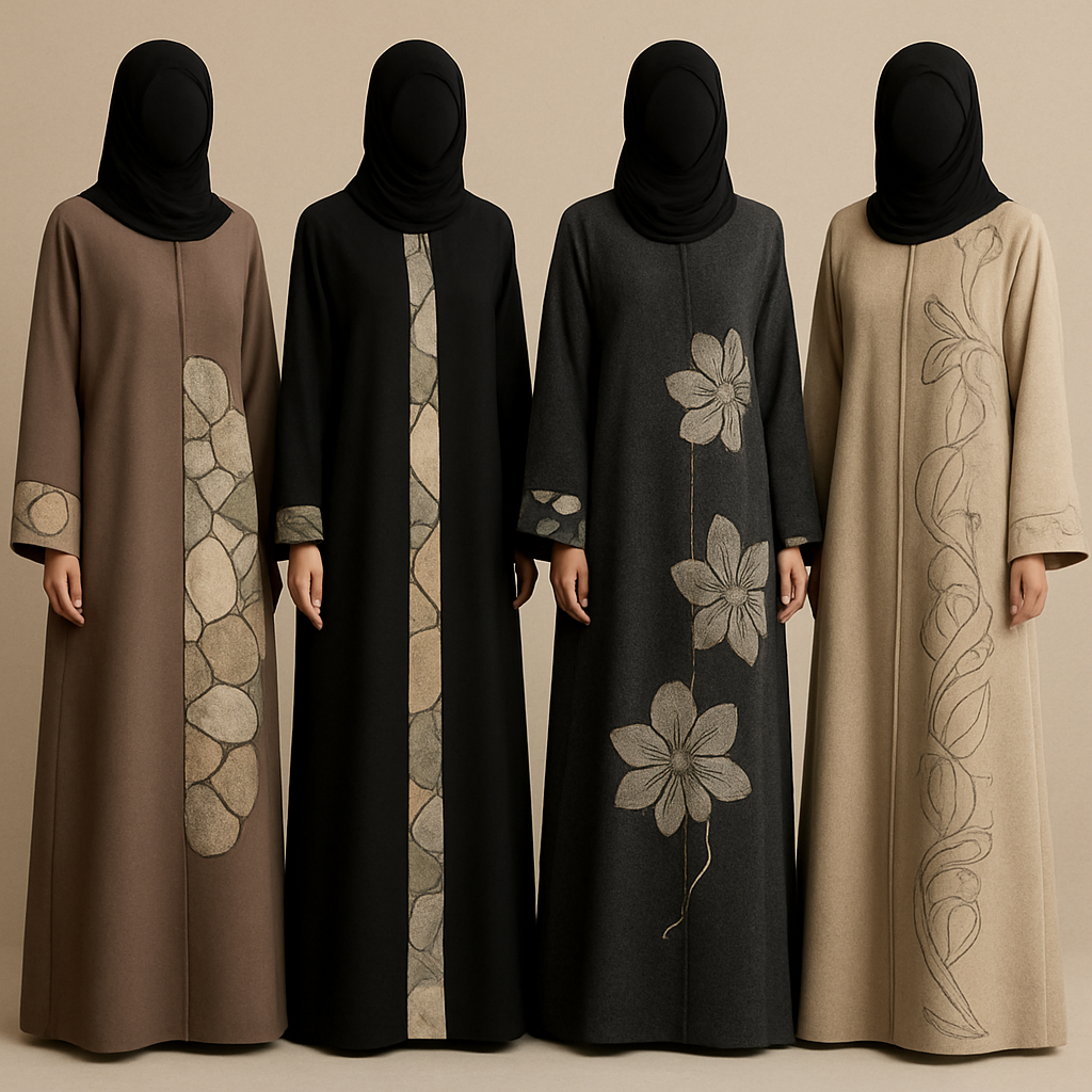 Create a modest abaya that's the first of its kind, featuring a unique stone design that exudes a classy and sophisticated vibe. I'd like four designs, each showcasing different styles and fabrics.Incorporate high-end, unique chic stone designs to make them truly special. And add little cute touch of sophisticated stone designs. Add huge flower and unique designs.
Create a modest abaya that's the first of its kind, featuring a unique stone design that exudes a classy and sophisticated vibe. I'd like four designs, each showcasing different styles and fabrics.Incorporate high-end, unique chic stone designs to make them truly special. And add little cute touch of sophisticated stone designs. Add huge flower and unique designs.