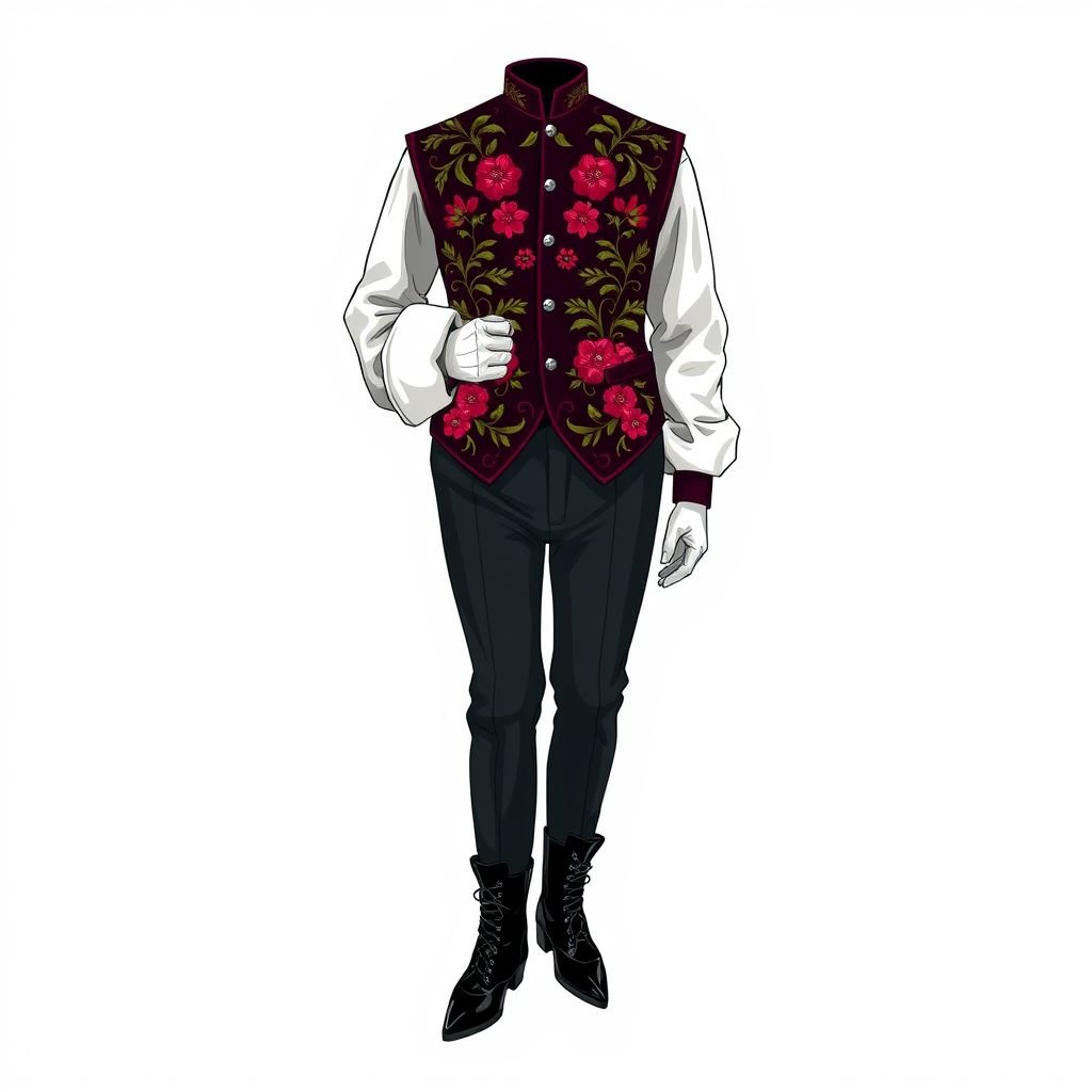 Embroided waistcoat
Create a luxurious, embroidered waistcoat blending Victorian elegance with modern street style. The waistcoat features intricate floral patterns in rich jewel tones, woven into a velvet fabric. Pair it with oversized white cuffs peeking from beneath, and style it with tailored high-waisted trousers and statement boots for a bold juxtaposition.