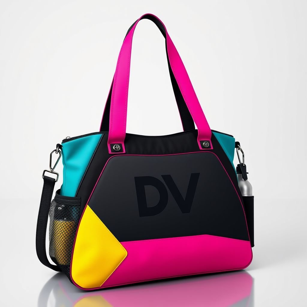 A handbag with the name “Da’Vine” on it. With DV on it
Design an innovative workout handbag named "Da'Vine," featuring a sleek, sporty silhouette made from breathable, water-resistant fabric. Incorporate bold color blocking in vibrant hues, with the initials "DV" prominently embossed. Include functional elements like a side mesh pocket for water bottles and adjustable, padded straps for comfort on the go.