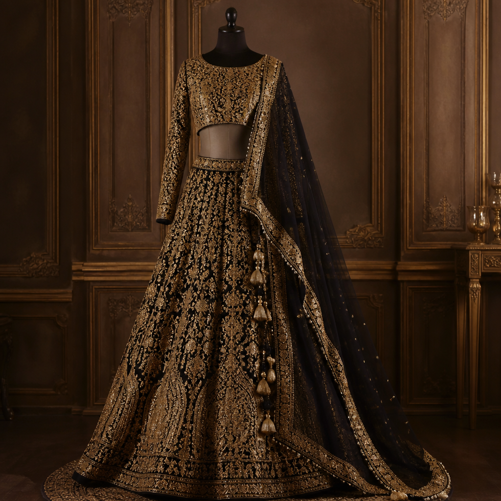 Like black and golden lehnga with full sleeve blouse taslle on the dupatta
photorealistic fashion design, Like black and golden lehnga with full sleeve blouse taslle on the dupatta , just the design no text